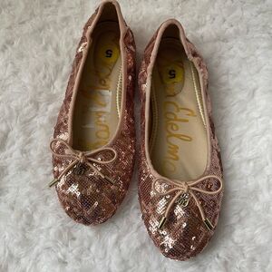 Sam Edelman Felicia sequins rose gold flats round toe with a bow accent size 5